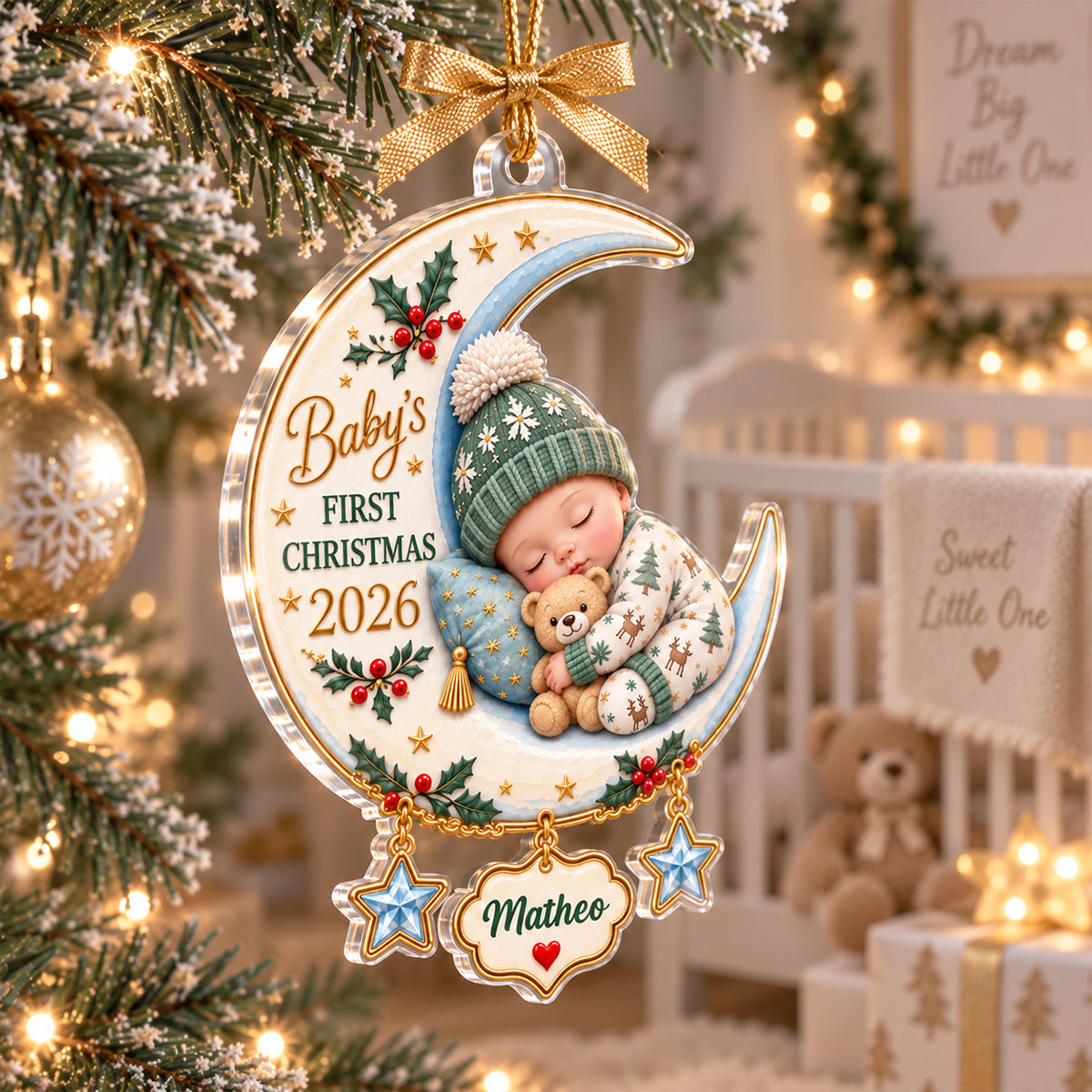 Baby's First Christmas Custom Name Moon & Star - Personalized Acrylic Ornament - Newborn Christmas Gift for New Parents