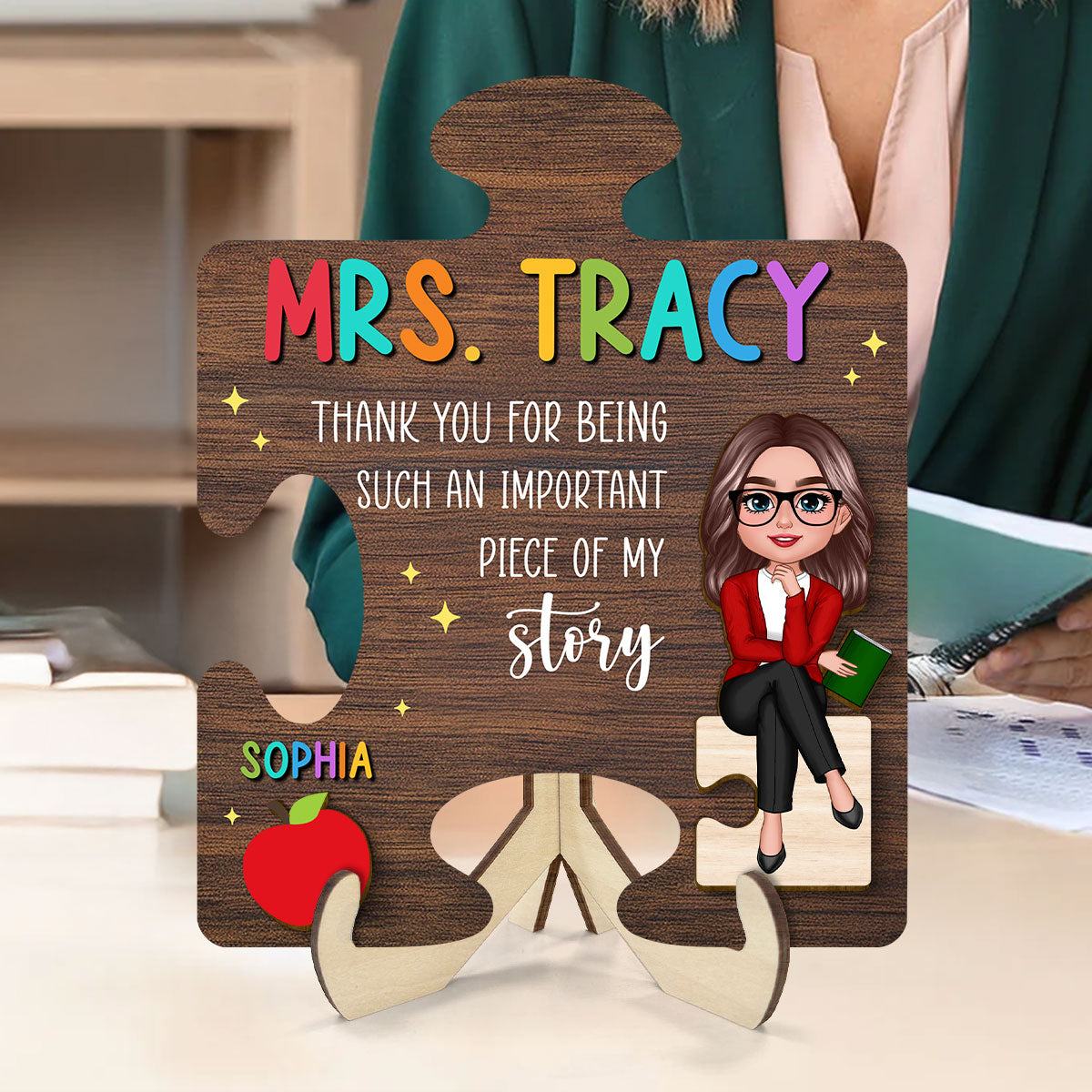 Teacher Thank You For Being Important Piece Of My Story Personalized 2-Layer Wooden Plaque