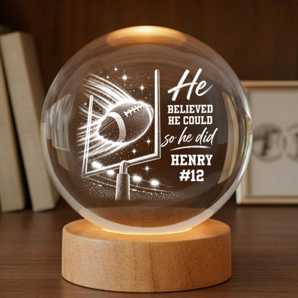 Proud American Football Player Name And Number - Personalized Crystal Ball - Christmas Gift For Teenagers, American Football Players, American Football Lovers, Daughter, Granddaughter, Son, Grandson