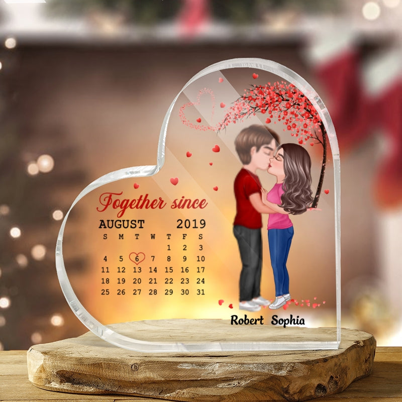Doll Couple Kissing Under Red Heart Tree Calendar Anniversary Date Personalized Heart Acrylic Plaque