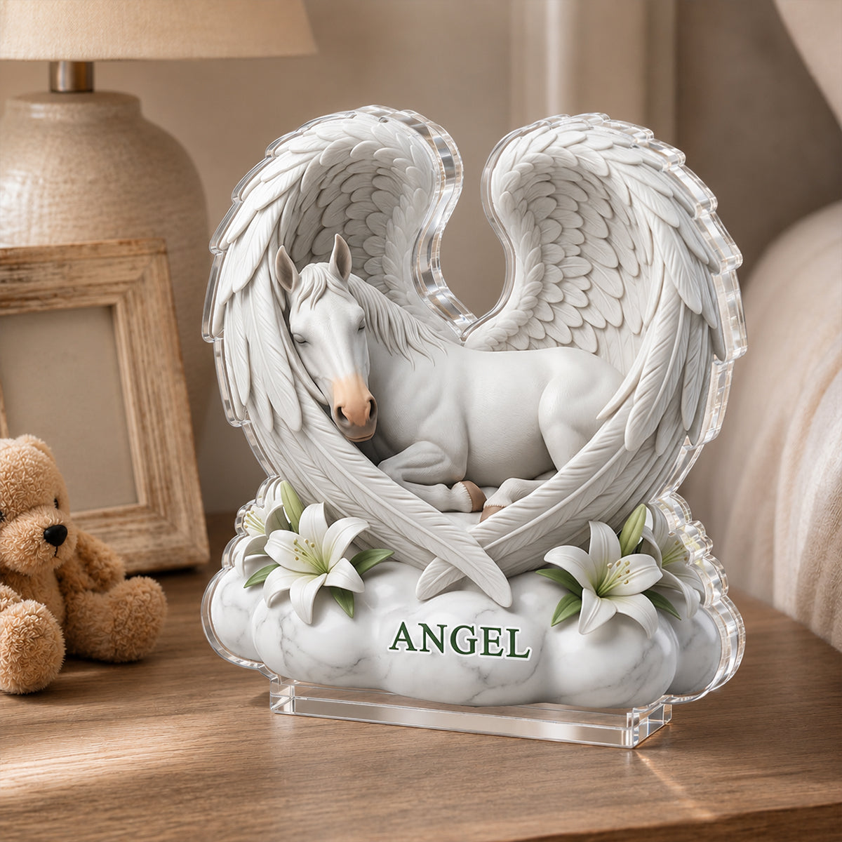 Custom Horse Angel Wings Statue - Personalized Acrylic Block Plaque - Heartfelt Pet Memorial Gift