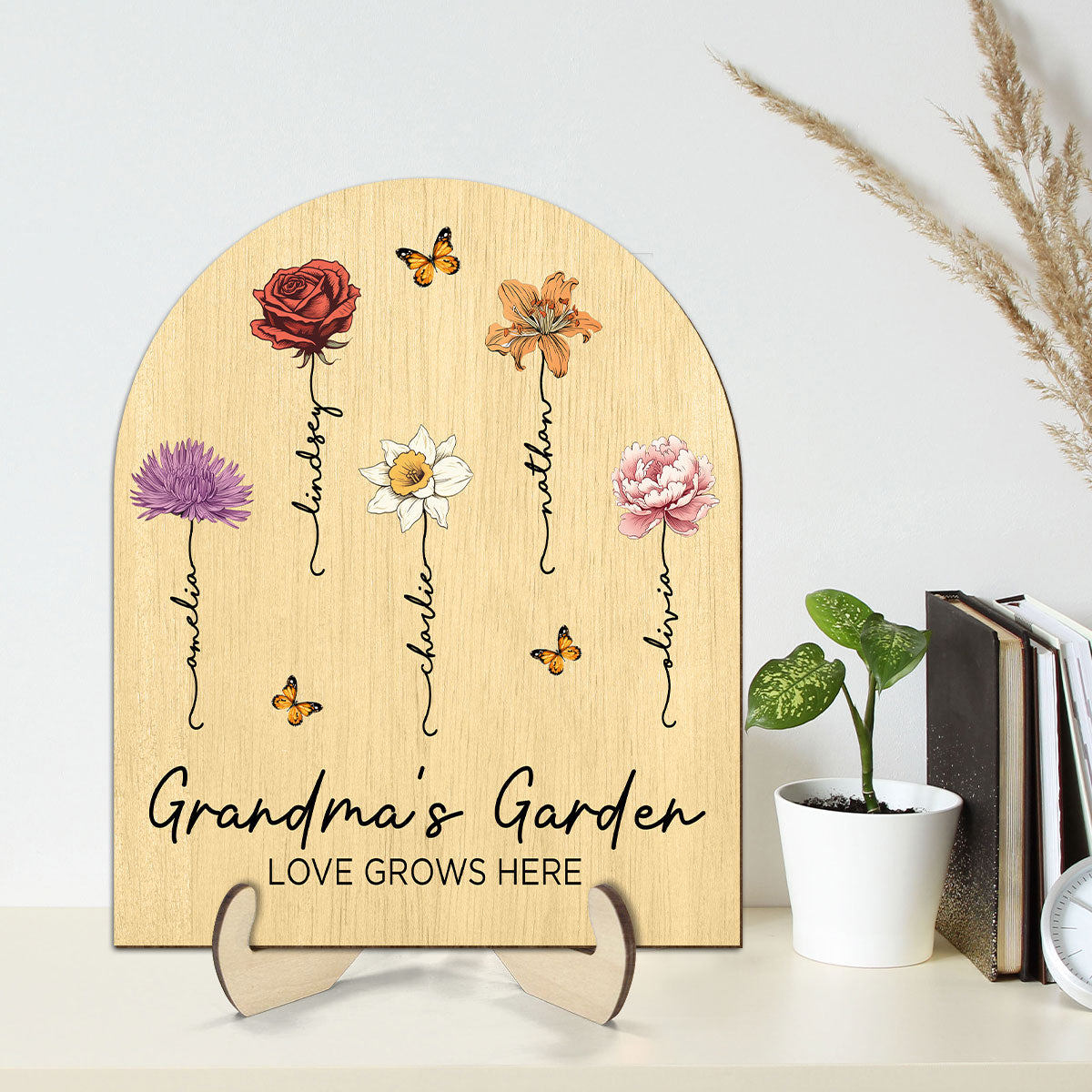 Grandma's Garden Beautiful Birth Month Flowers Dome Shaped Personalized Wooden Plaque