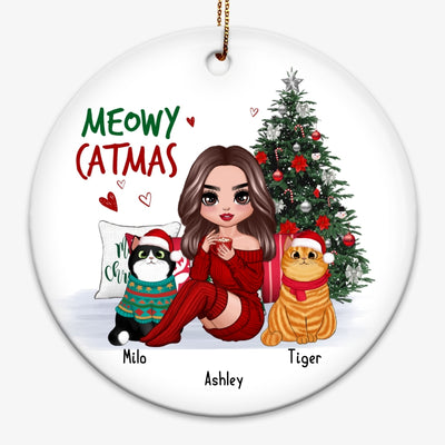 Doll Cat Mom Sitting Beside Christmas Tree Personalized Circle Ornament