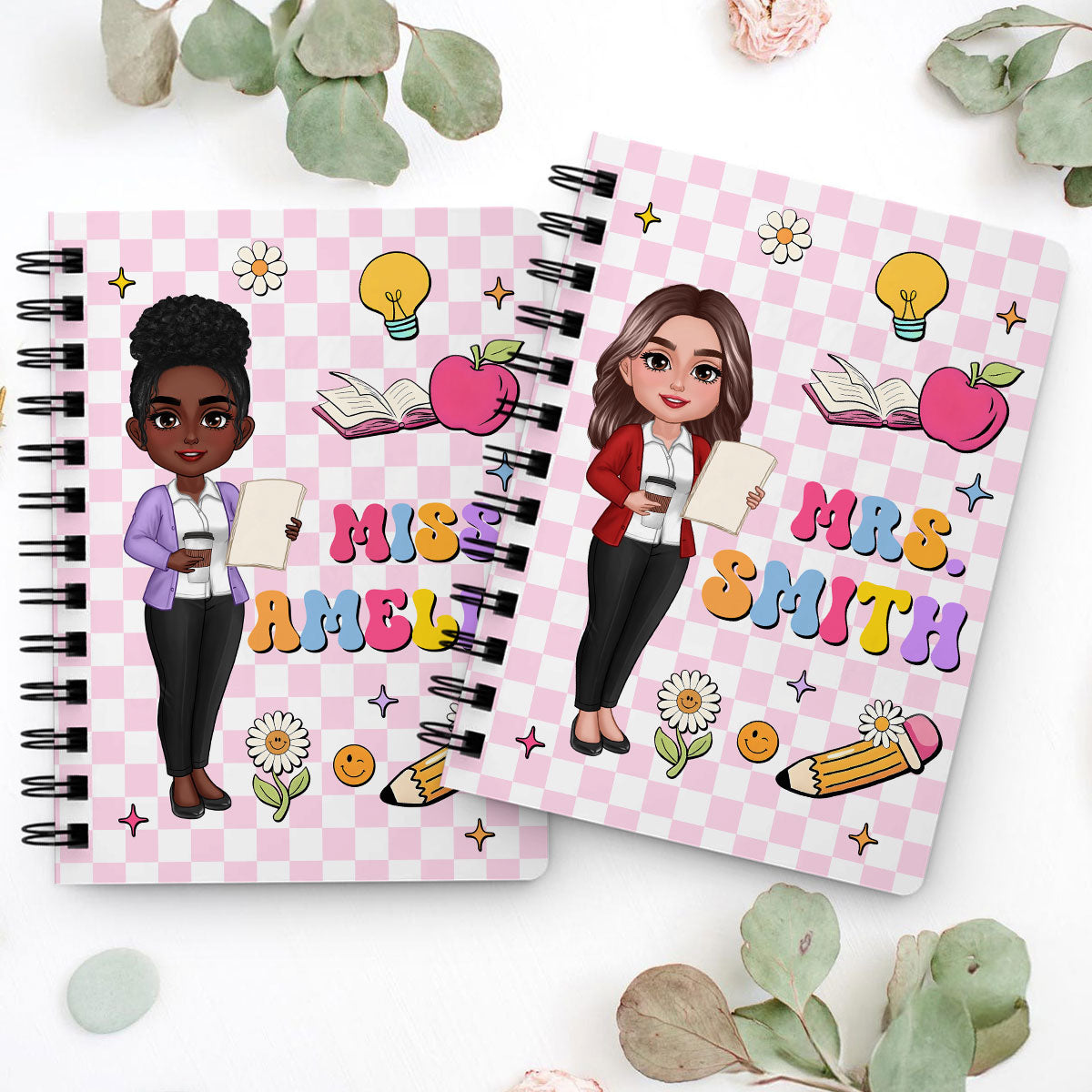 Groovy School Things Teacher Name Personalized Spiral Notebook Journal, Back To School Stationery