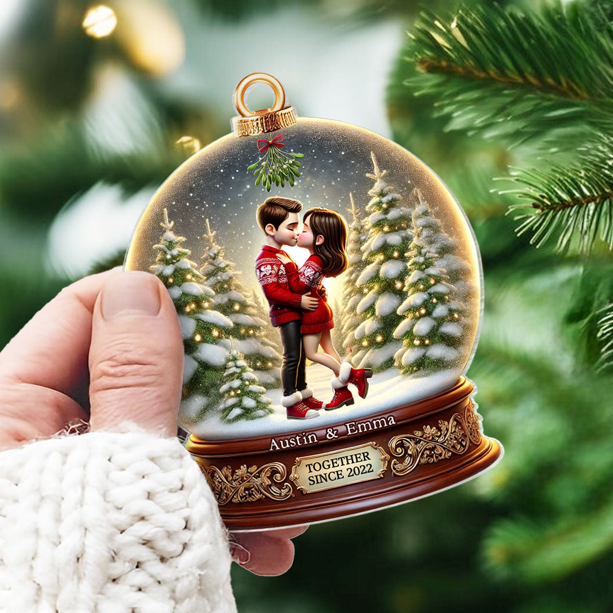 Pretty Couple Kissing Under Mistletoe 3D Realistic Snow Globe Personalized Acrylic Ornament, Unique Christmas Gift For Him, For Her, For The Couple, Anniversary Gift