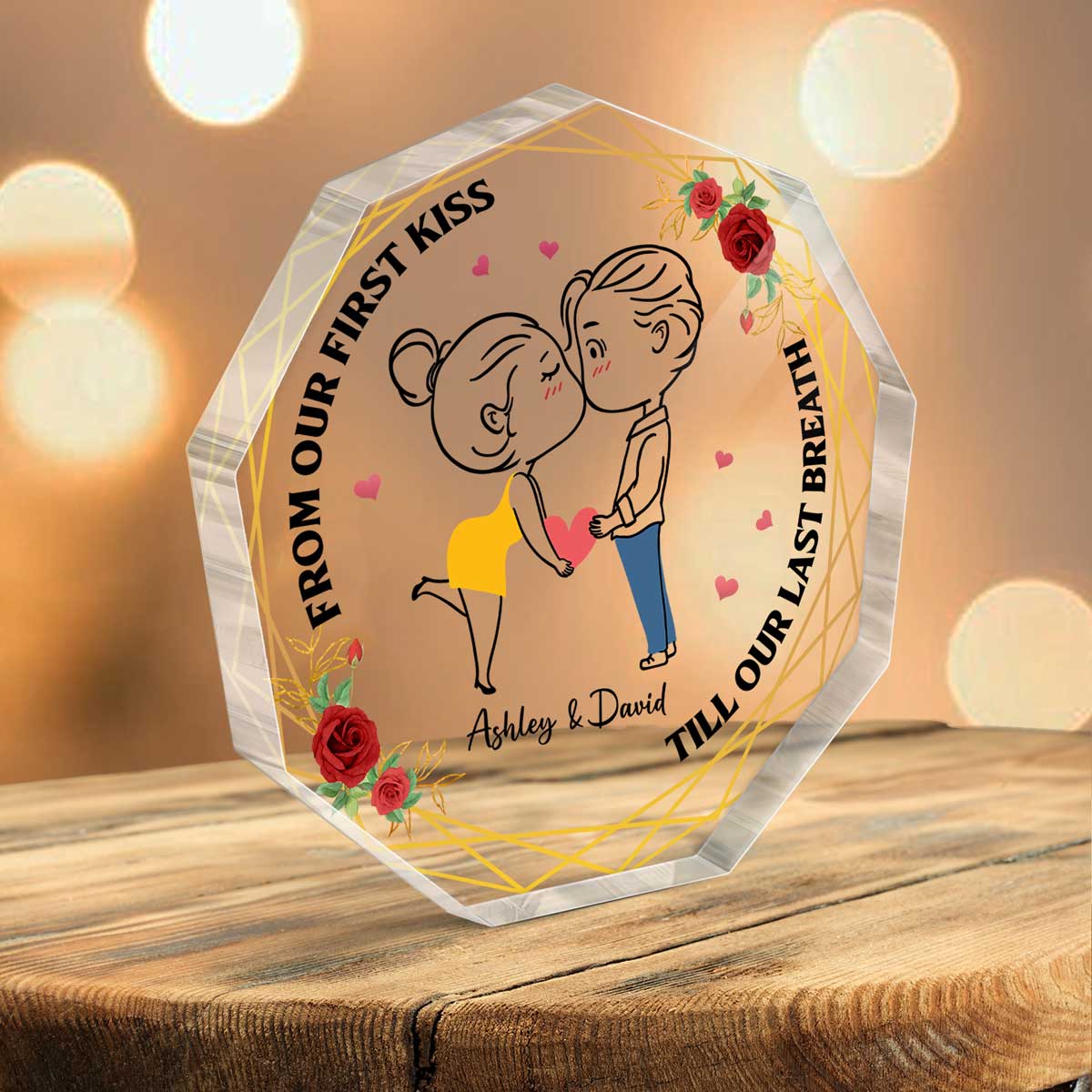 Chibi Couple Kissing Outline Personalized Nonagon Acrylic Plaque - Gift For Him Gift For Her
