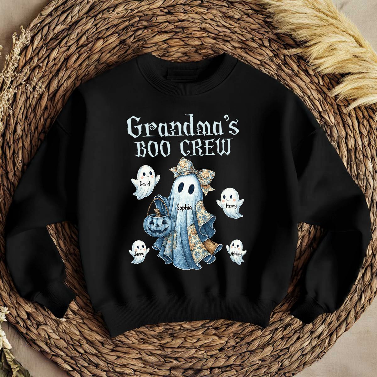 Grandma's Boo Crew Retro Halloween Blue Denim Ghost Personalized Sweatshirt, Spooky Sweatshirt for Grandma, Mom