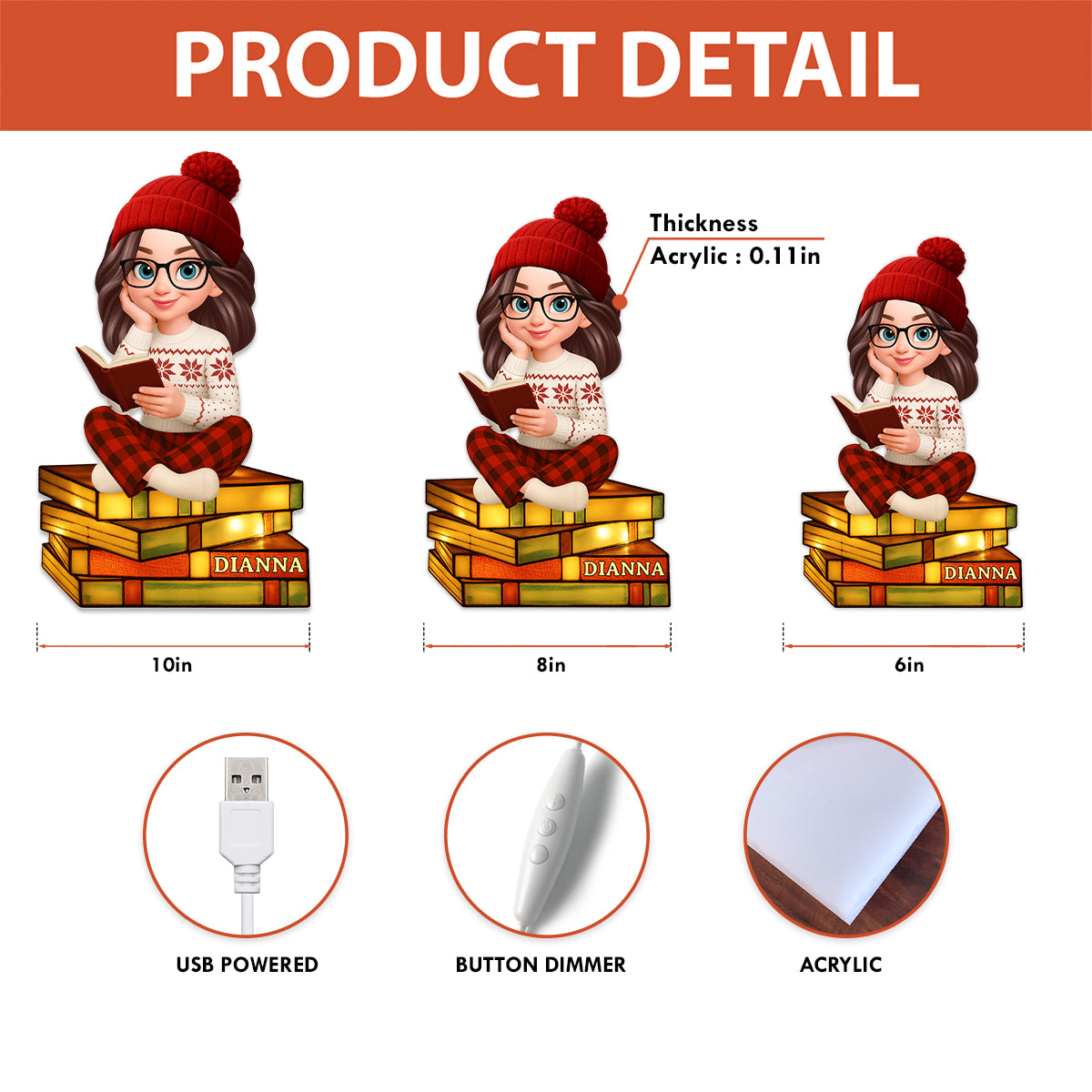 3D Stained Glass Effect Christmas Cozy Vibe Pretty Girl Reading Book - Personalized Light Box