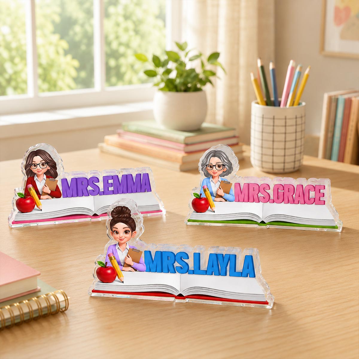Open Book Teacher 2D Flat - Personalized Acrylic Block - Desk Name Back To School