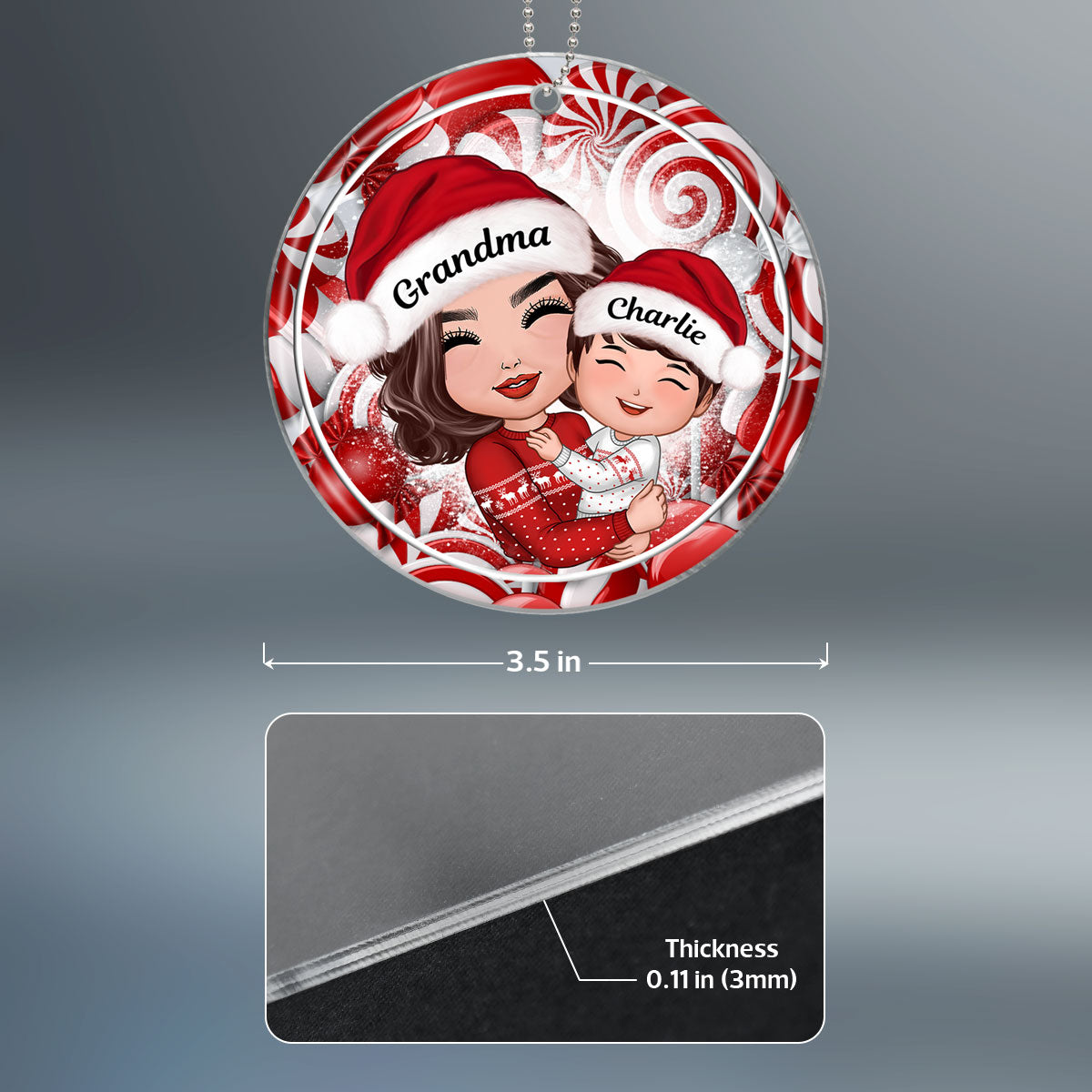 Christmas Candy Cane Grandma Hugging Grandkid Personalized Acrylic Ornament