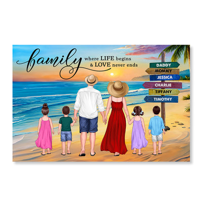 Family Summer Standing Back View Beach Sign Personalized Horizontal Poster