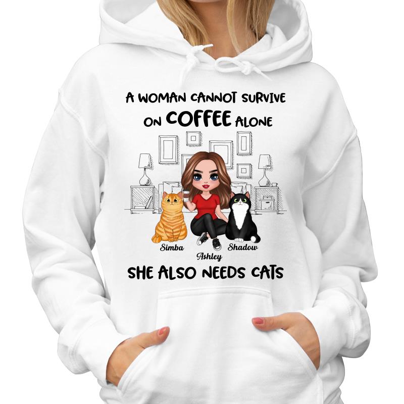 A Woman Cannot Survive On Coffee Alone She Also Needs Cats Personalized Shirt