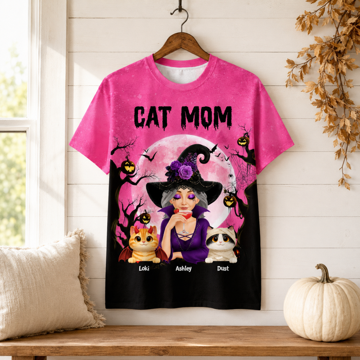 Halloween Theme Spooky Cat Mom Witch - Personalized Shirt - Halloween Gift For Cat Lovers