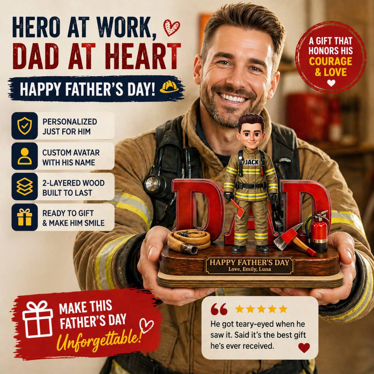 Proud American Firefighter Dad - Personalized 2-Layered Wooden Plaque - Father's Day Gift For Dad