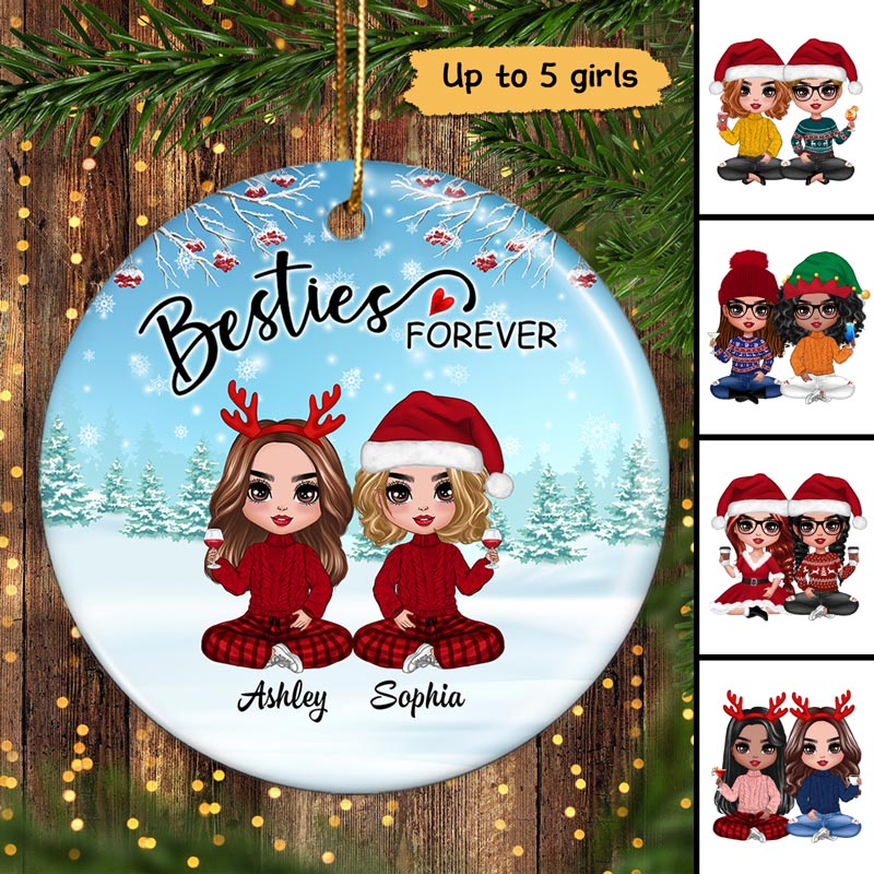 Doll Besties Sisters Sitting In Snow Personalized Circle Ornament