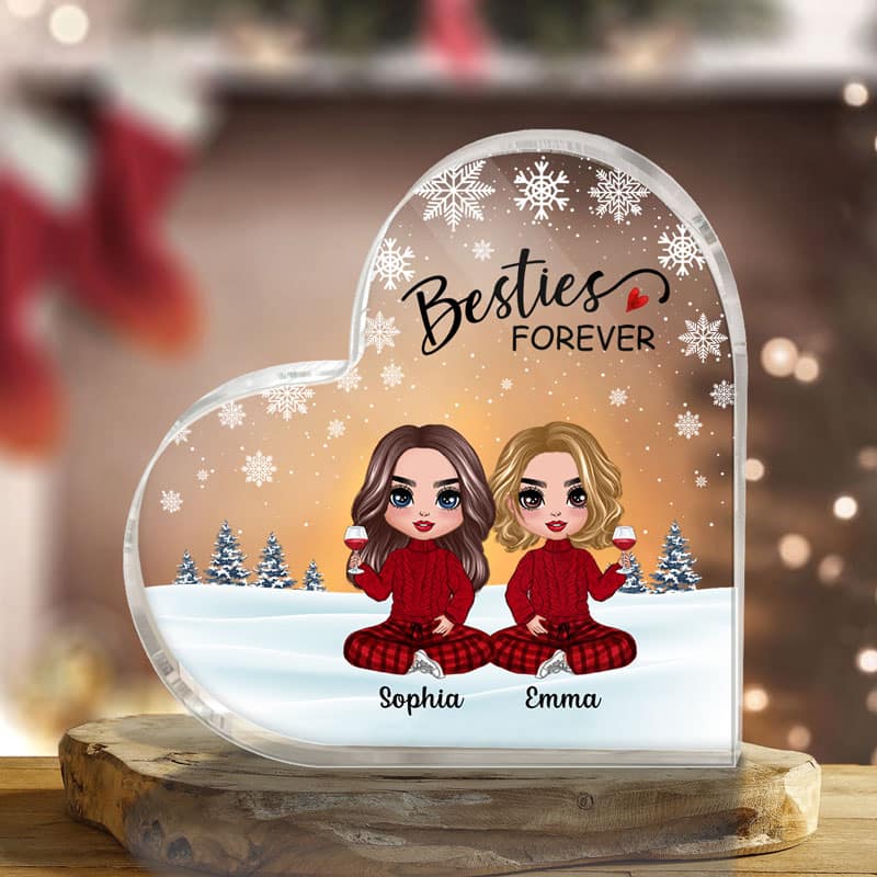 Doll Besties Sitting Snow Background Personalized Heart Acrylic Plaque