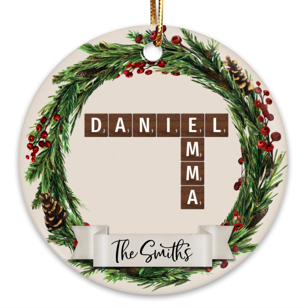 Family Wreath Crossword Puzzle Personalized Ceramic Ornament, Christmas Tree Decor, Christmas Gift for Husband, Wife, Children