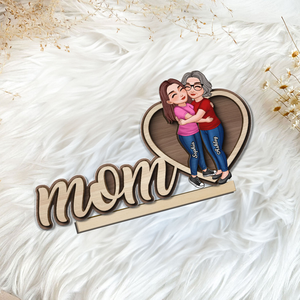 Mom Hugging Daughter Personalized 2-Layers Standing Wooden Plaque