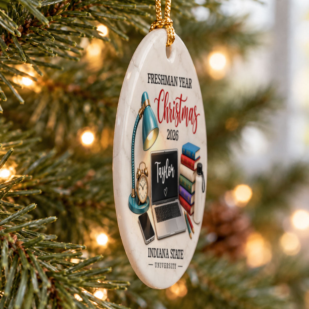 Freshman Year Christmas Study Desk – Personalized Ceramic Ornament – College Student Christmas Gift, First Year Keepsake