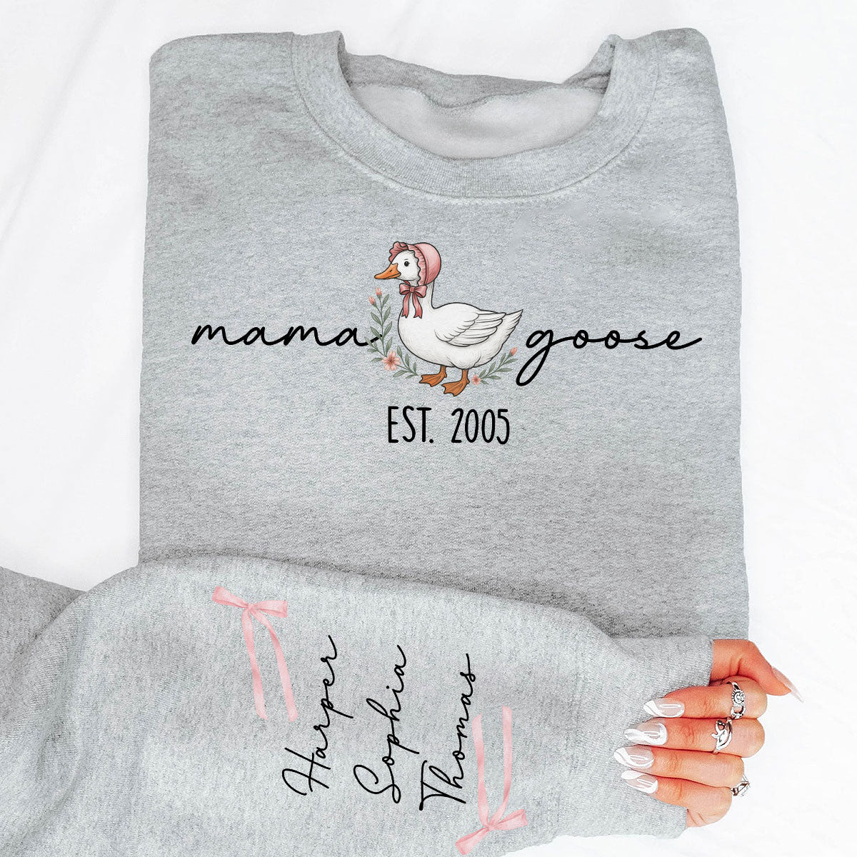 Mama Goose Est. Personalized Sleeve Printed Sweatshirt, Gift For Mom, Grandma