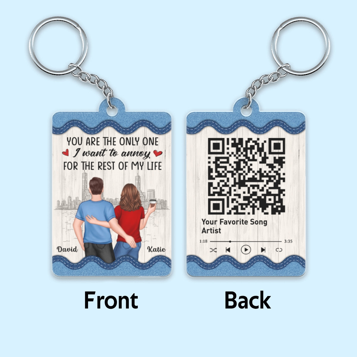 Denim Pattern Back View Couple Touching Favorite Song Scannable QR Code Personalized Acrylic Keychain
