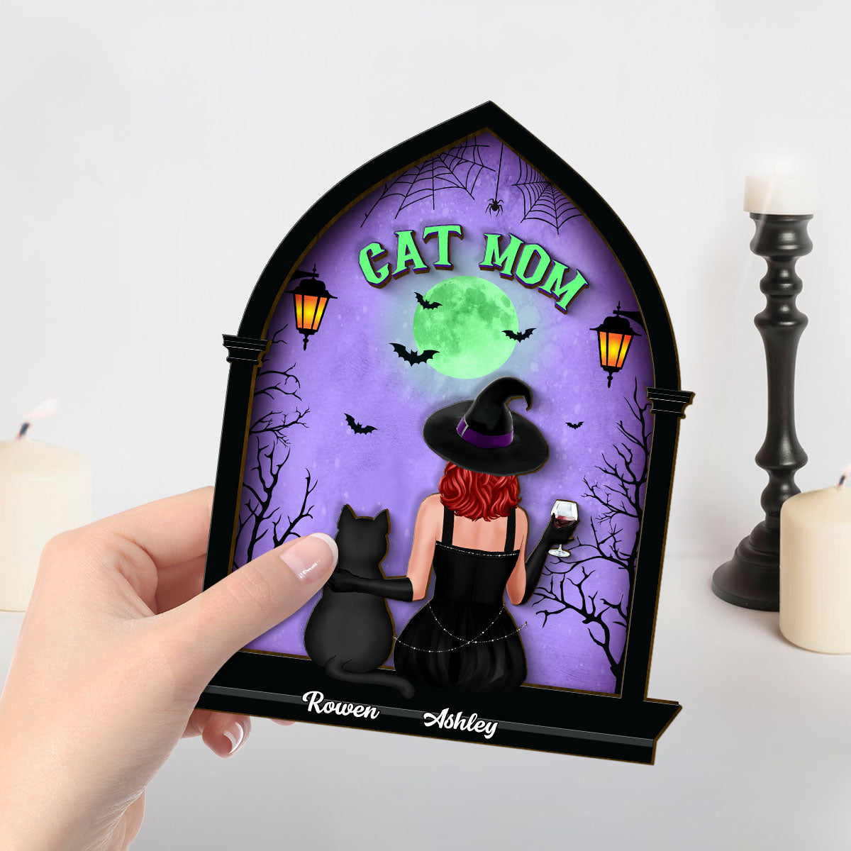 Halloween Witch and Cats Gothic Window Shaped Personalized 2-Layer Wooden Standing Plaque