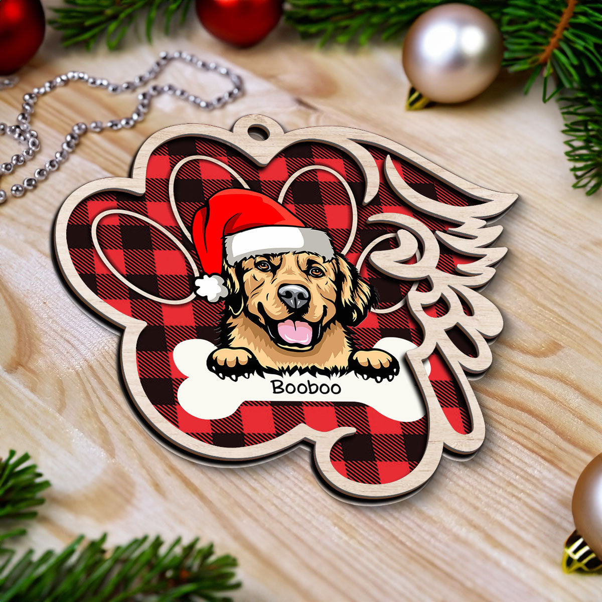 Paw & Wing Memorial Dog Personalized Christmas 2-Layer Wooden Ornament