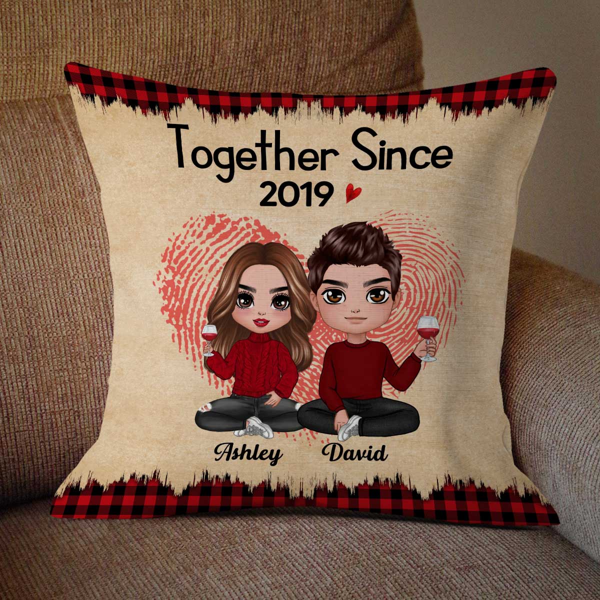 Checkered Pattern Doll Couple Sitting  Anniversary Gift For Him For Her Personalized Pillow
