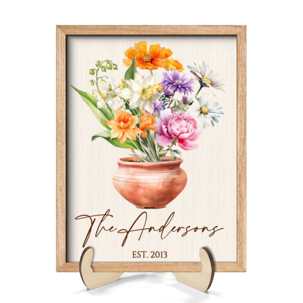 Family Beautiful Birth Flower Bouquet Home Decor Personalized 2-Layer Wooden Plaque