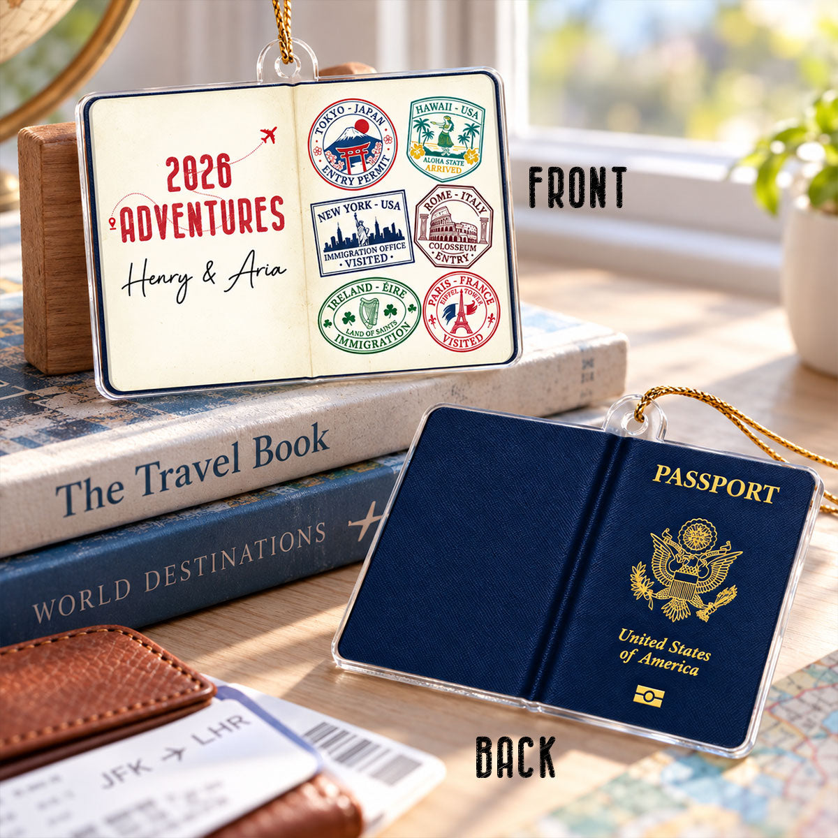 Travel Passport Stamps - Personalized Acrylic Ornament - Custom Adventure Keepsake Gift for Couples & Travelers