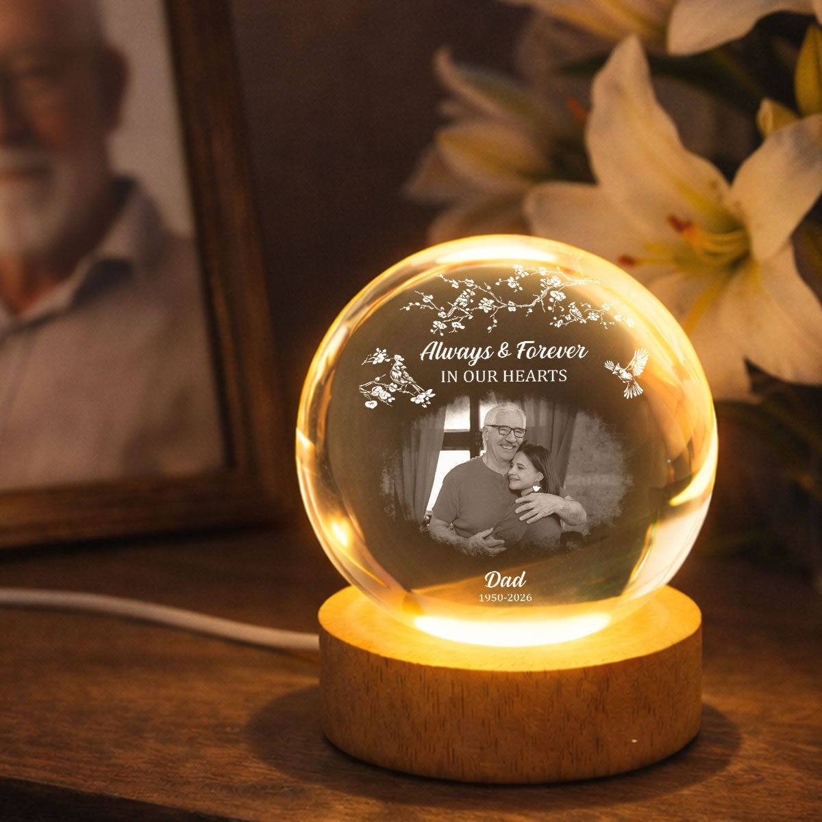 Always and Forever in Our Hearts - Personalized Crystal Ball LED Night Light - Heartfelt Memorial Keepsake, Memorial Gift For Loss Of Father, Mom