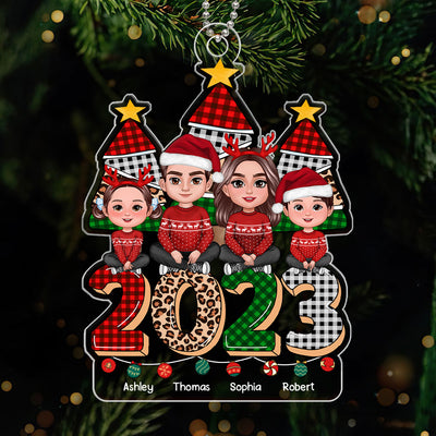 Family Sitting On Checkered Leopard 2023 Christmas Tree Personalized Acrylic Ornament