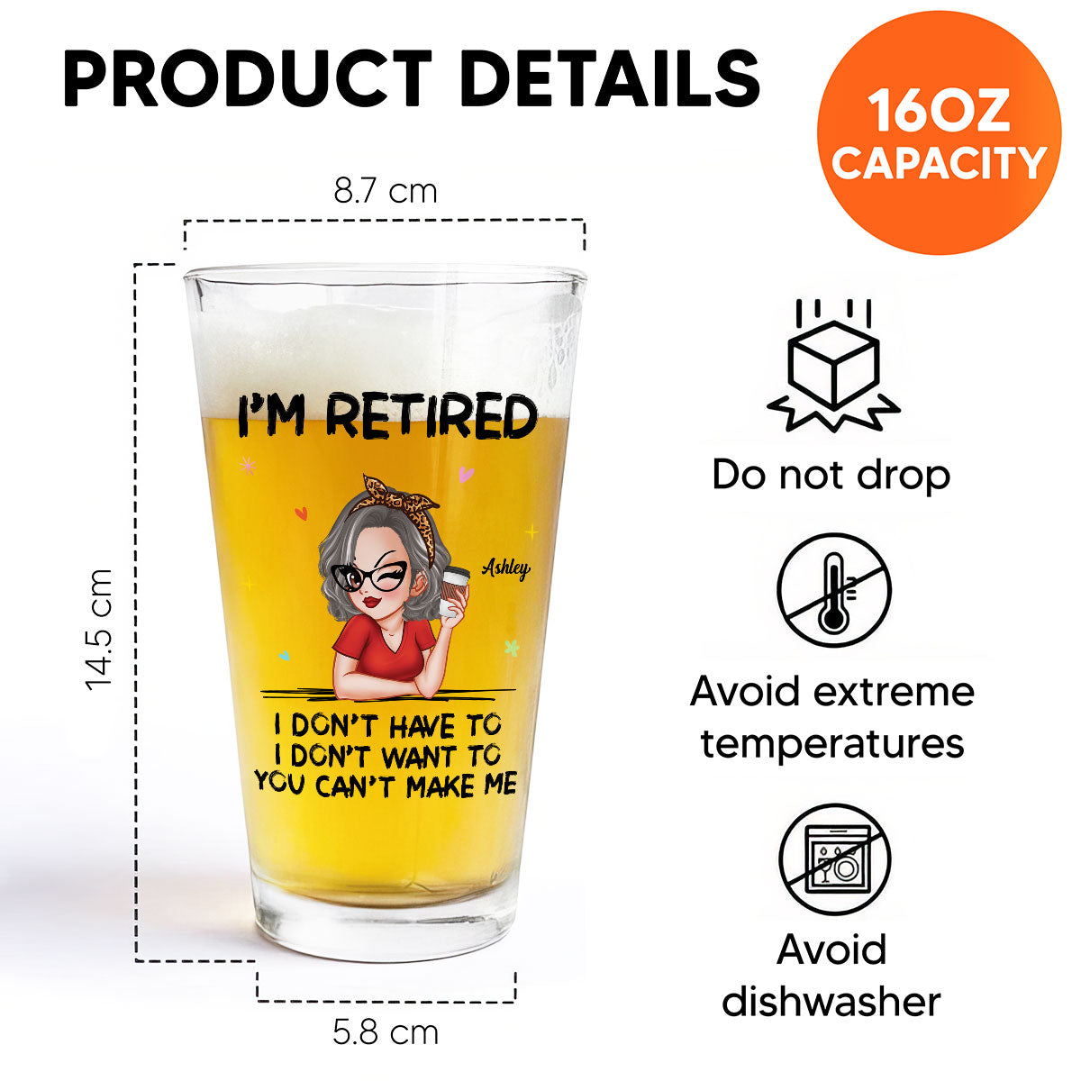 I'm Retired You Can’t Make Me Personalized Beer Glass, Retirement Gift