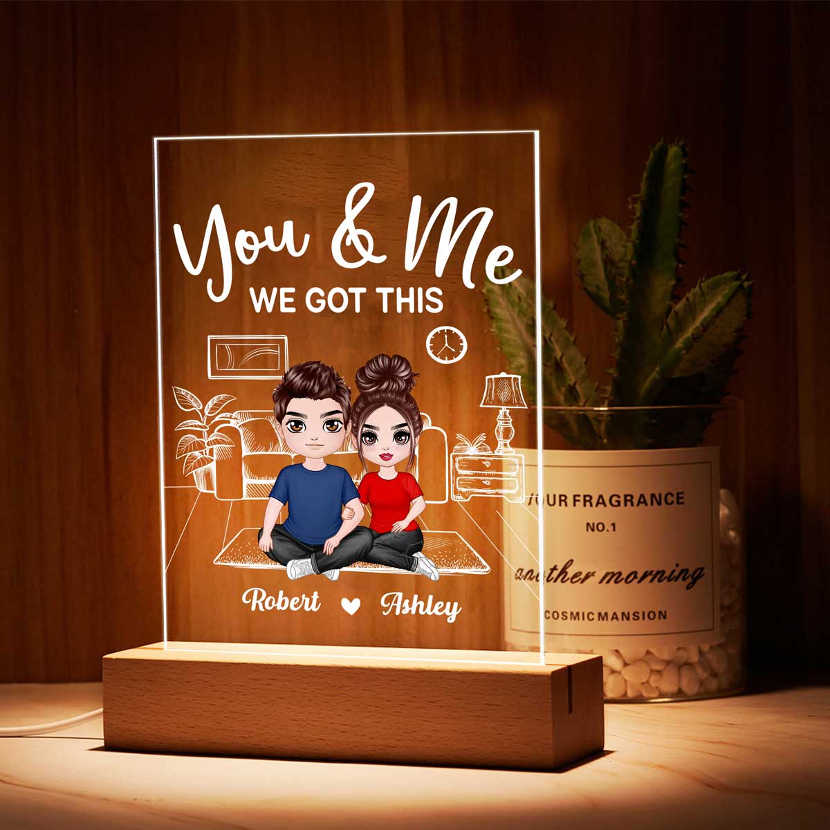 Doll Couple Sitting In House Outline Sketch Personalized Plaque LED Night Light