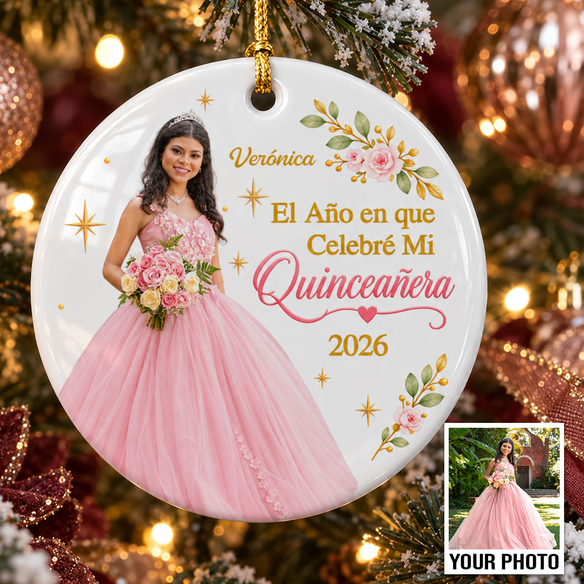 The Year I Celebrated My Quinceañera Custom Photo Upload - Personalized Ceramic Ornament - Hispanic Latina Quinceañera Keepsake