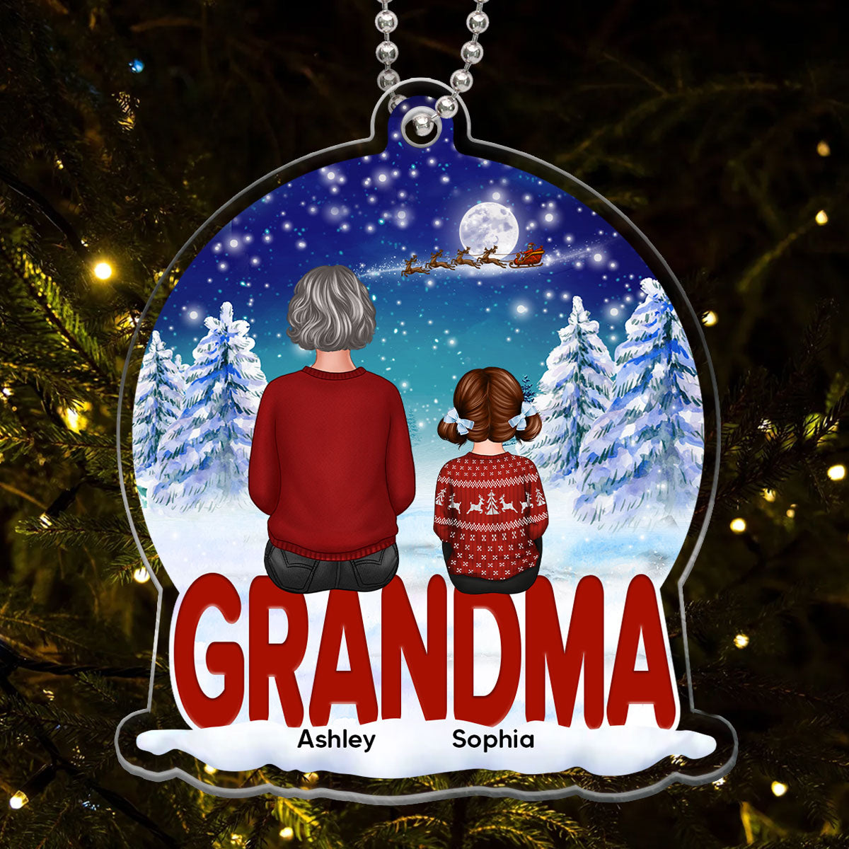 Grandma Grandkids Back View Sitting Snowball Christmas Personalized Acrylic Ornament