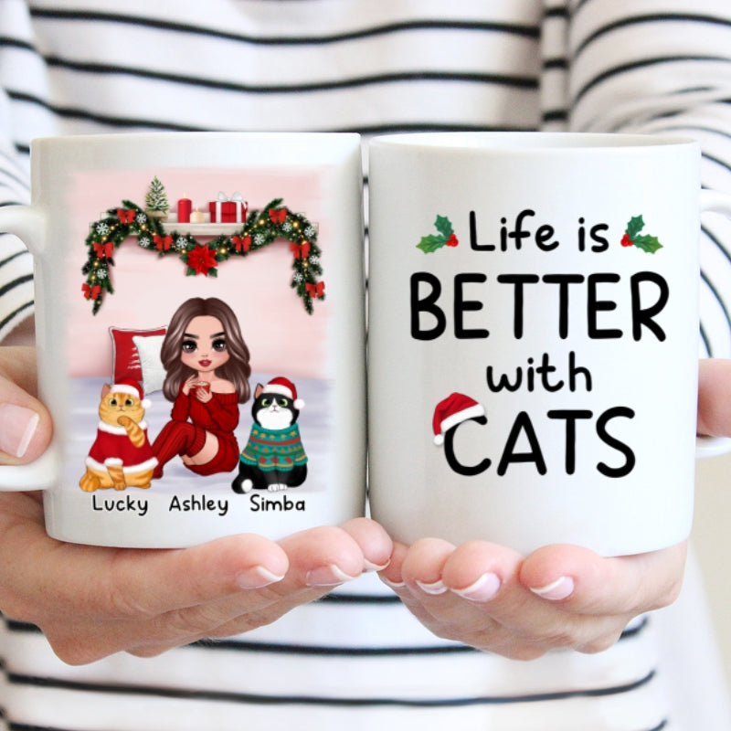 Christmas Cat Mom Sitting On Bed Life Is Better With Cats Personalized Mug