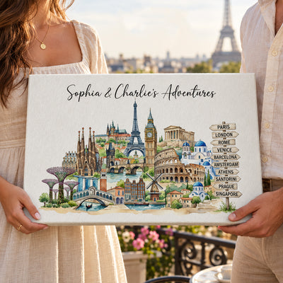 Watercolor Travel Destinations The Places You've Been - Personalized Canvas Print - Traveling Destination Wall Art, Home Decor Gift For Traveling Lovers