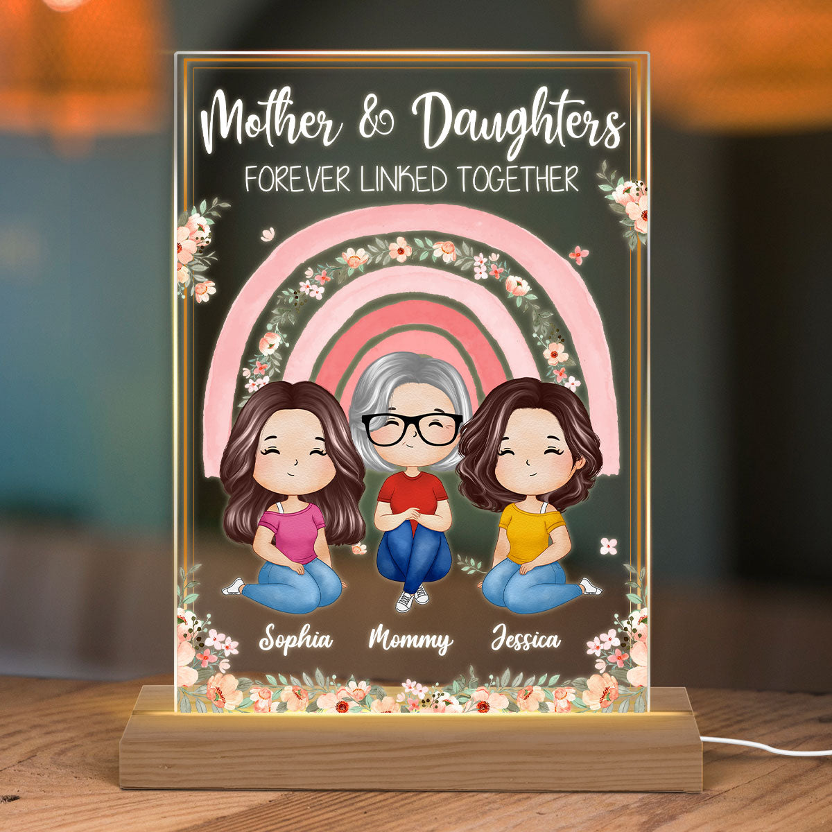 Mother Daughter Forever Linked Together Watercolor Style Women Floral Rainbow Personalized Rectangle Acrylic Plaque LED Night Light