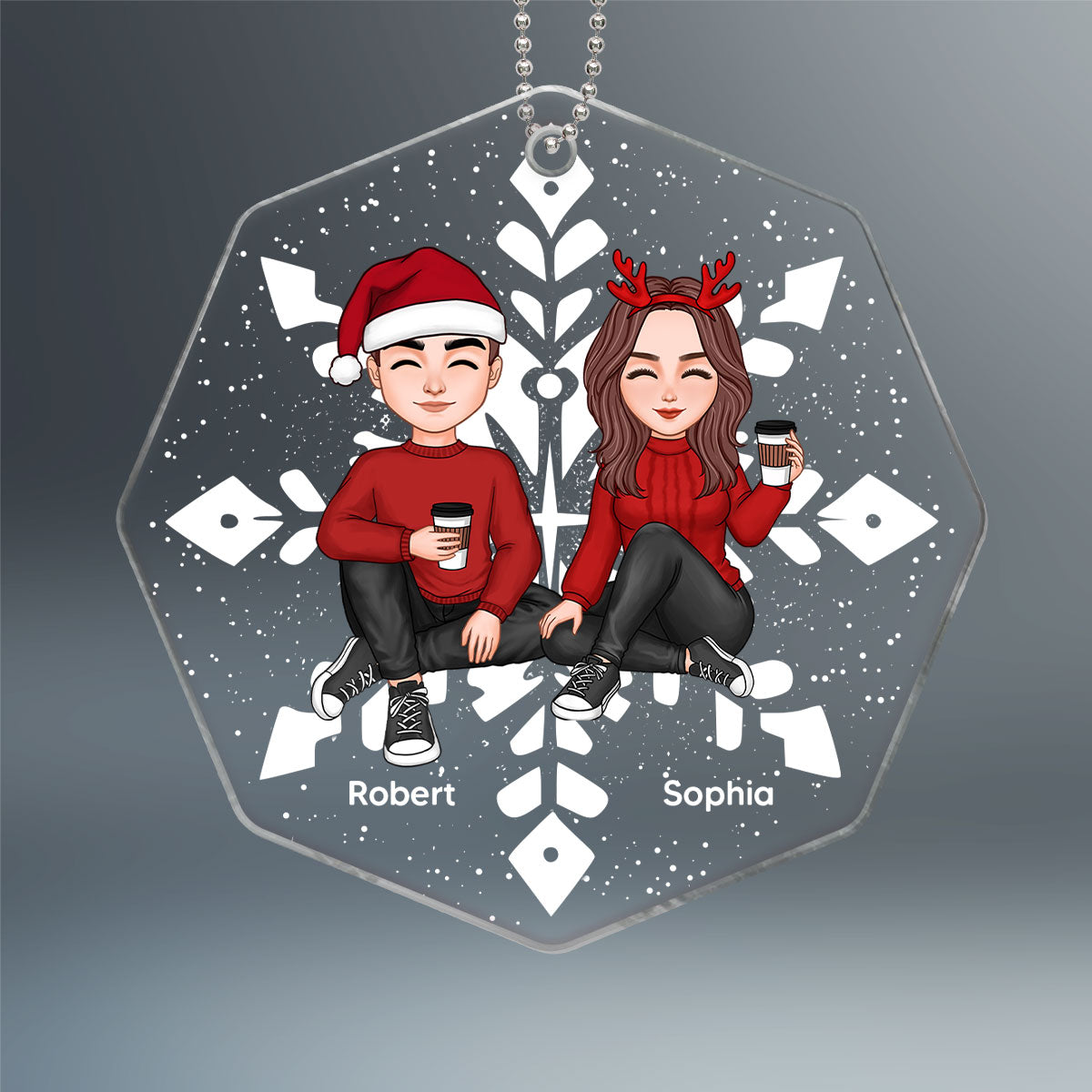 Couple Sitting Christmas Snowflake Shaped Personalized Acrylic Ornament