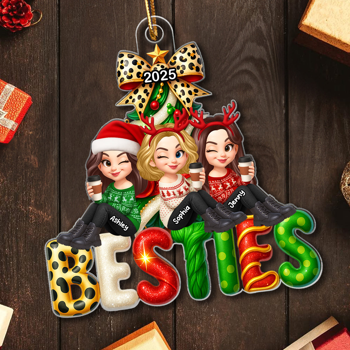 Besties Christmas Tree Sparkling Personalized 2025 Acrylic Ornament, Christmas Gift for Best Friends