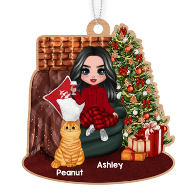 Girl And Cats Sitting On Sofa Beside Christmas Tree Personalized Wooden Ornament