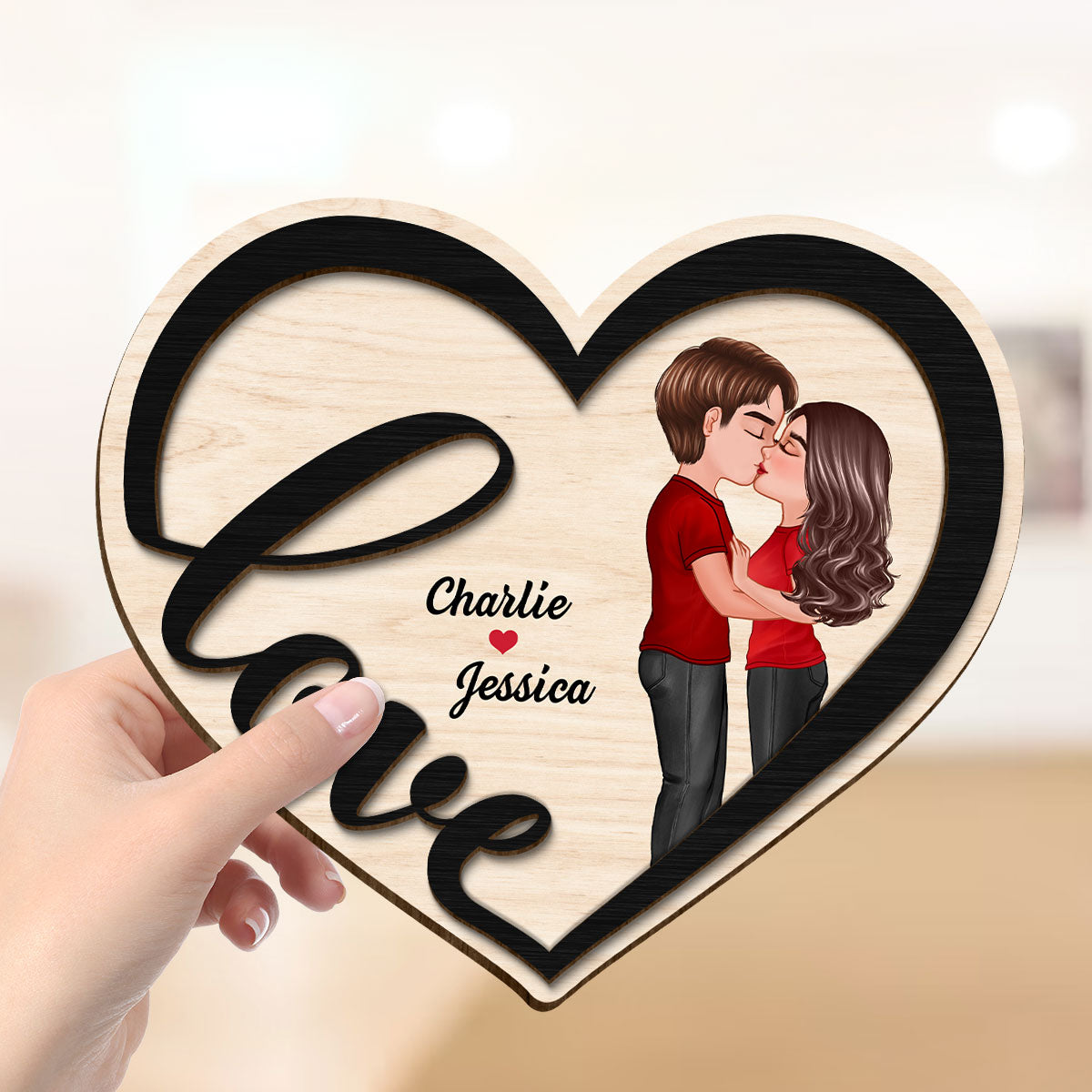 Couple Love Heart Kissing Standing Personalized 2-layer Wooden Plaque
