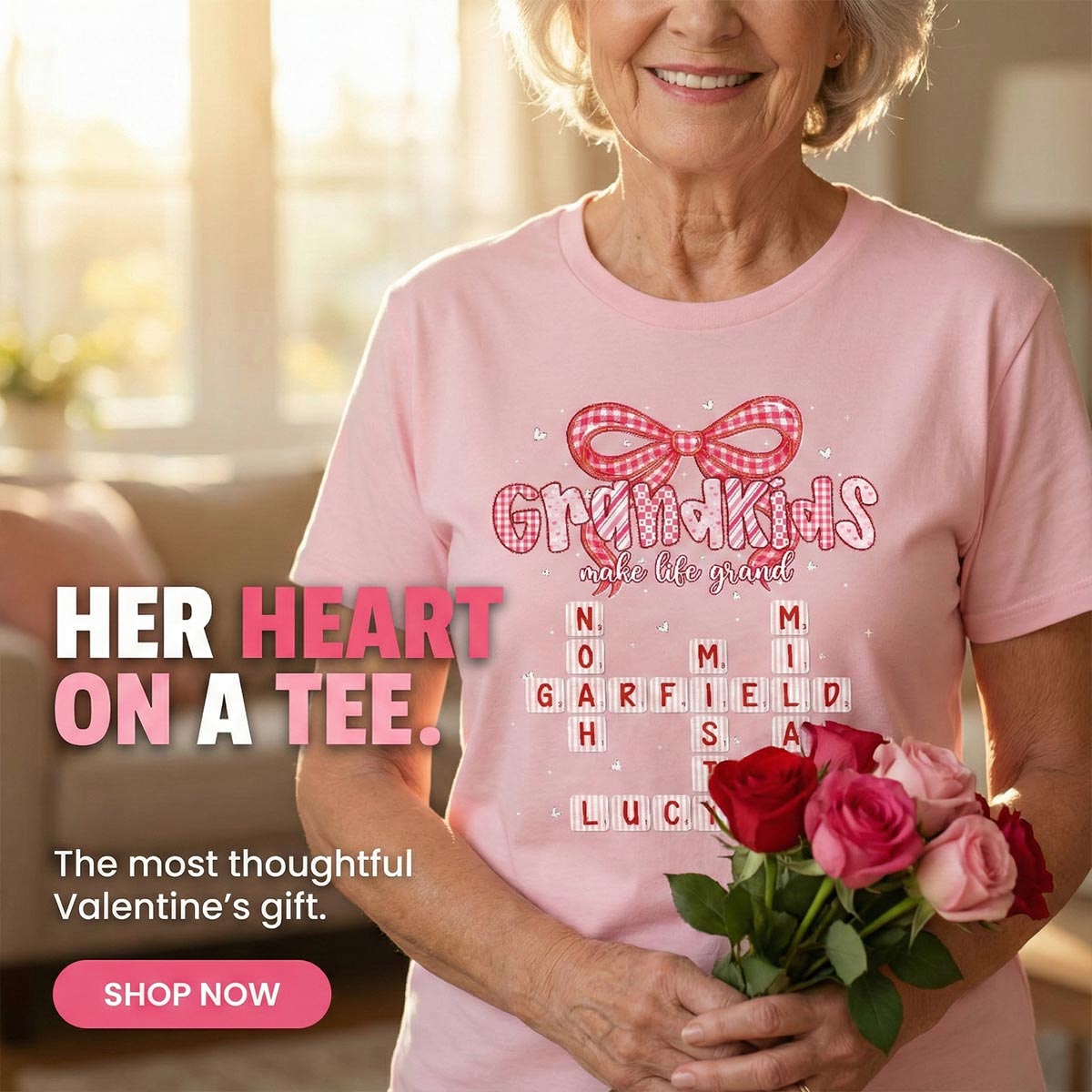 Grandkids Make Life Grand Preppy Valentine Pattern Crossword Puzzle Art - Personalized Shirt - Valentine's Day Gift For Grandma