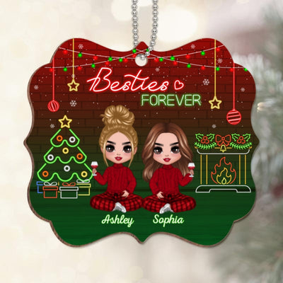Doll Besties Sisters Neon Christmas Personalized Wooden Ornament