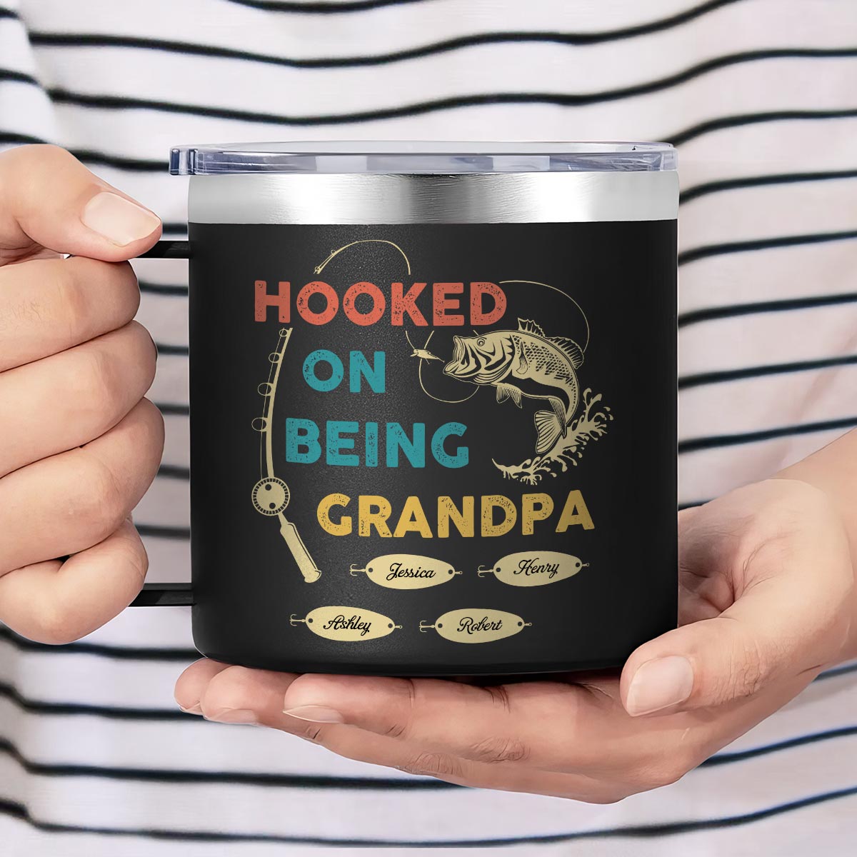 Hooked On Being Grandpa Fishing Personalized Stainless Steel Tumbler With Handle
