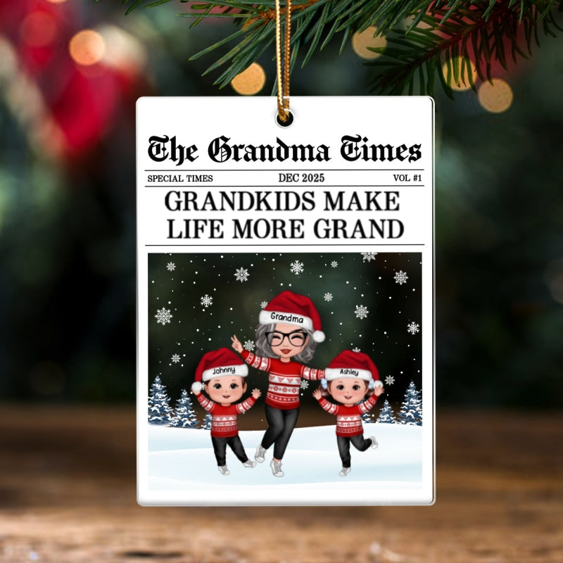 The Grandma Times Grandkids Newspaper - Personalized Acrylic Ornament - Christmas Gift for Grandma
