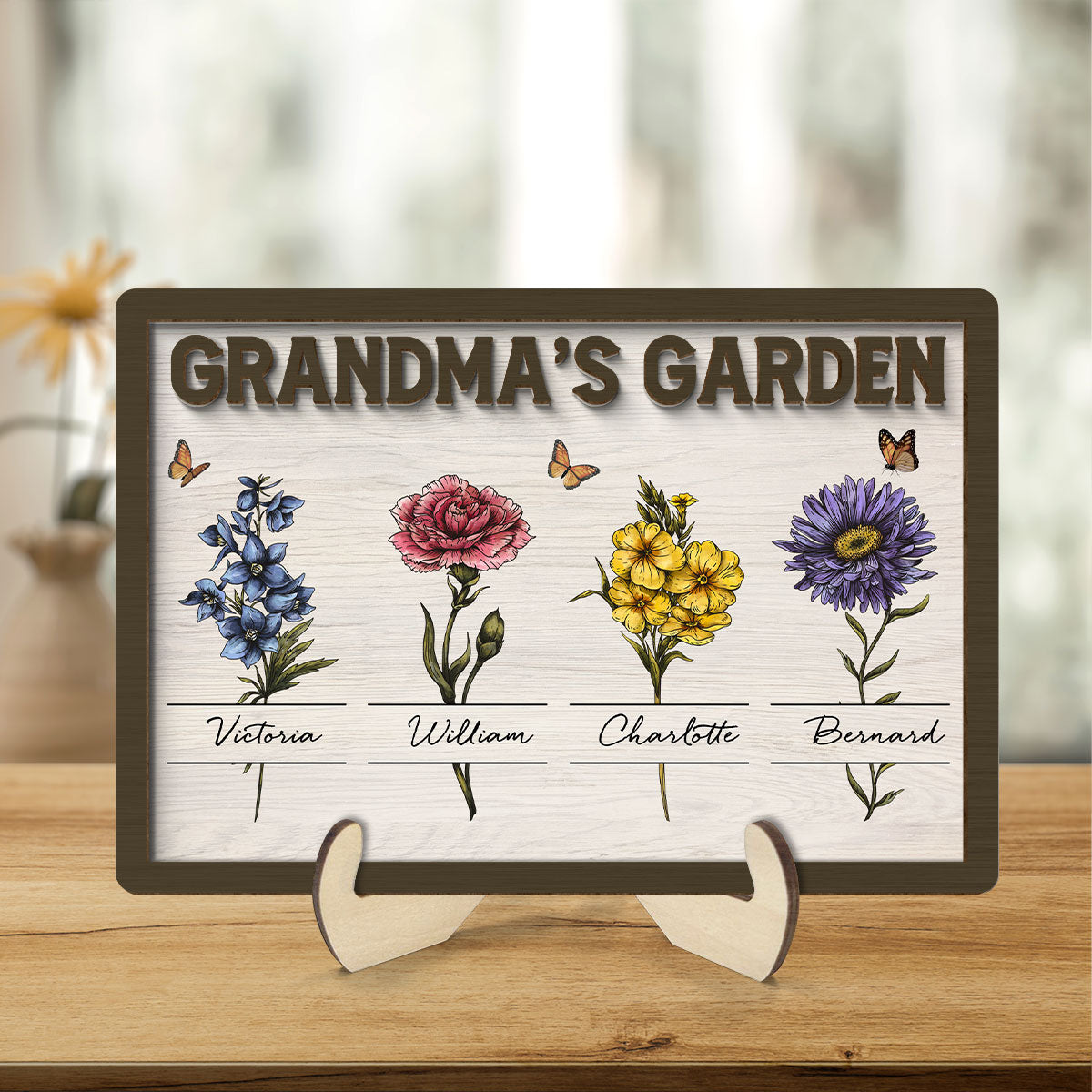 Gift For Grandma Grandma‘s Garden Beautiful Vintage Birth Month Flower With Names Personalized 2-Layer Wooden Plaque