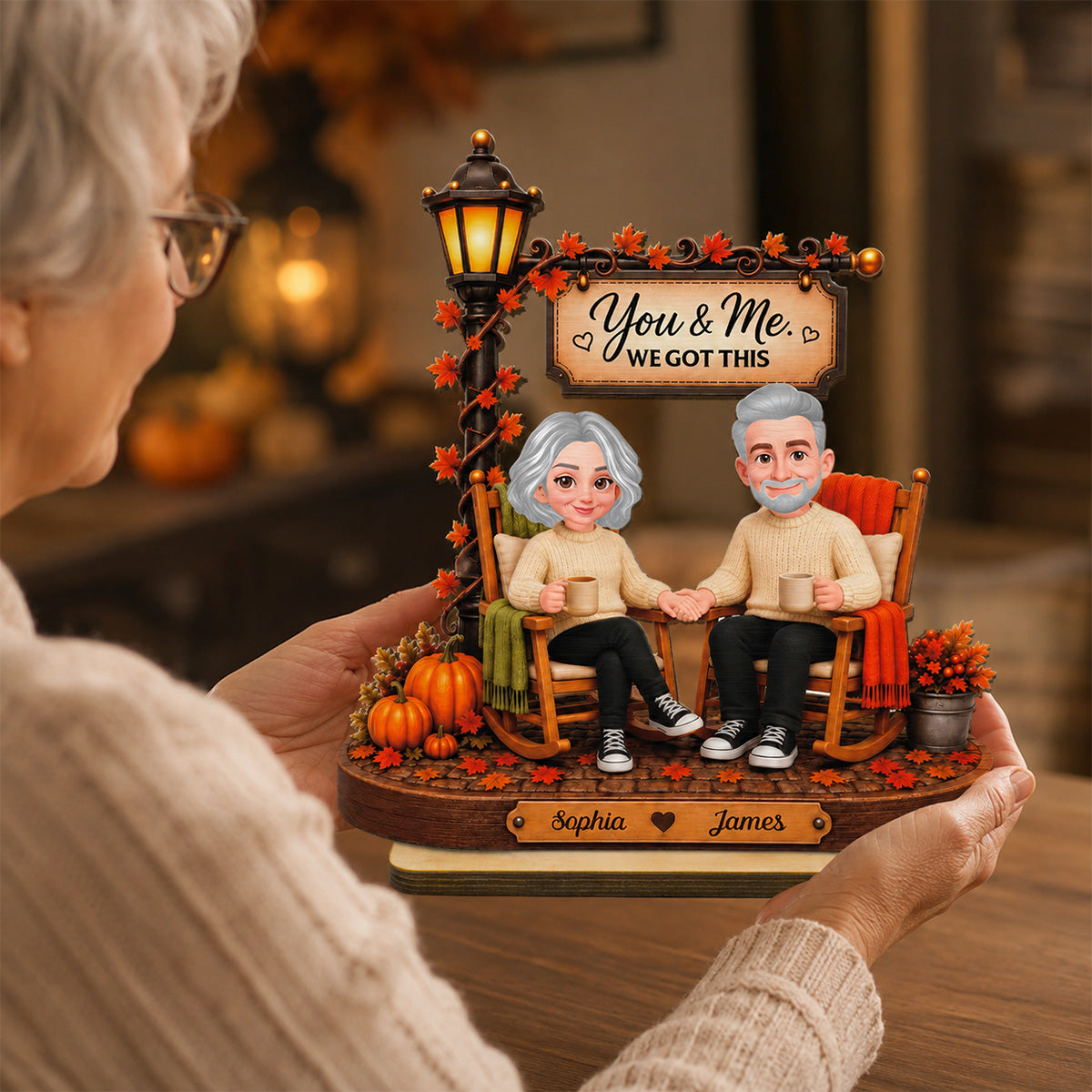 Couple Sitting Under Lamp Post 2D Flat - Personalized Wooden Plaque - Fall Season Decoration
