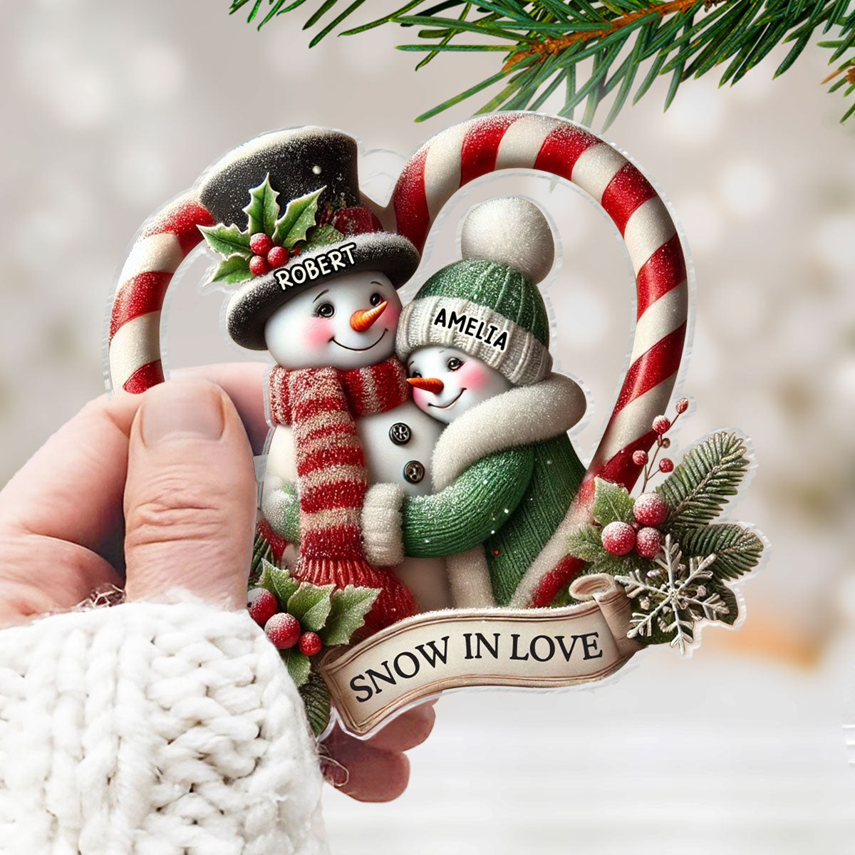 Snow in Love Couple Candy Cane Heart Personalized Acrylic Ornament, Unique Christmas Gift For Her, For Him, For The Couple
